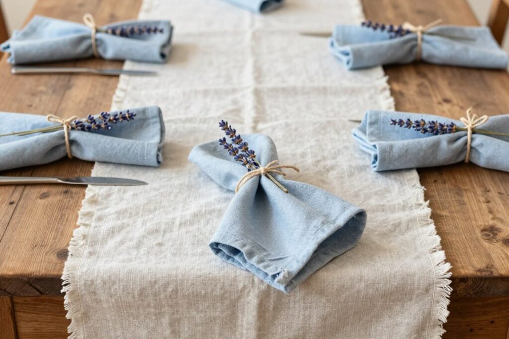 Close-up of French country table linens showing natural linen napkins with simple ties and a textured table runner