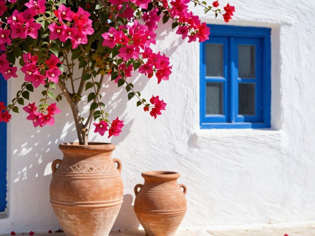 Close-up of Greek-style terracotta pots with bright pink bougainvillea against a whitewashed wall