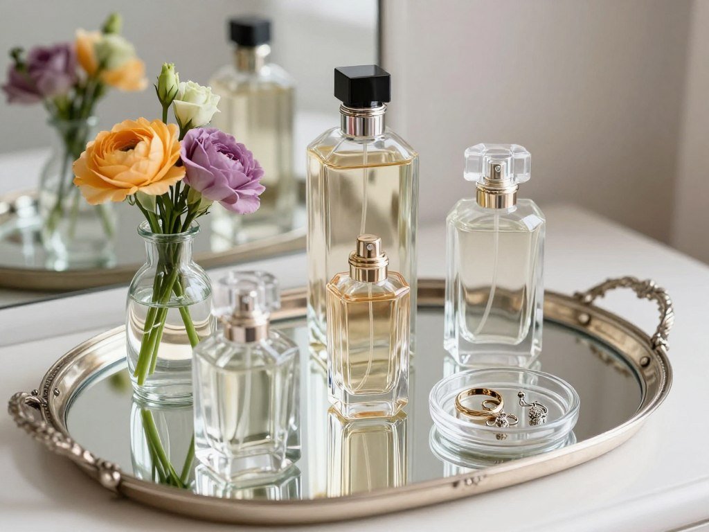 Close-up of a beautifully arranged vanity vignette with perfume bottles on a mirrored tray with fresh flowers