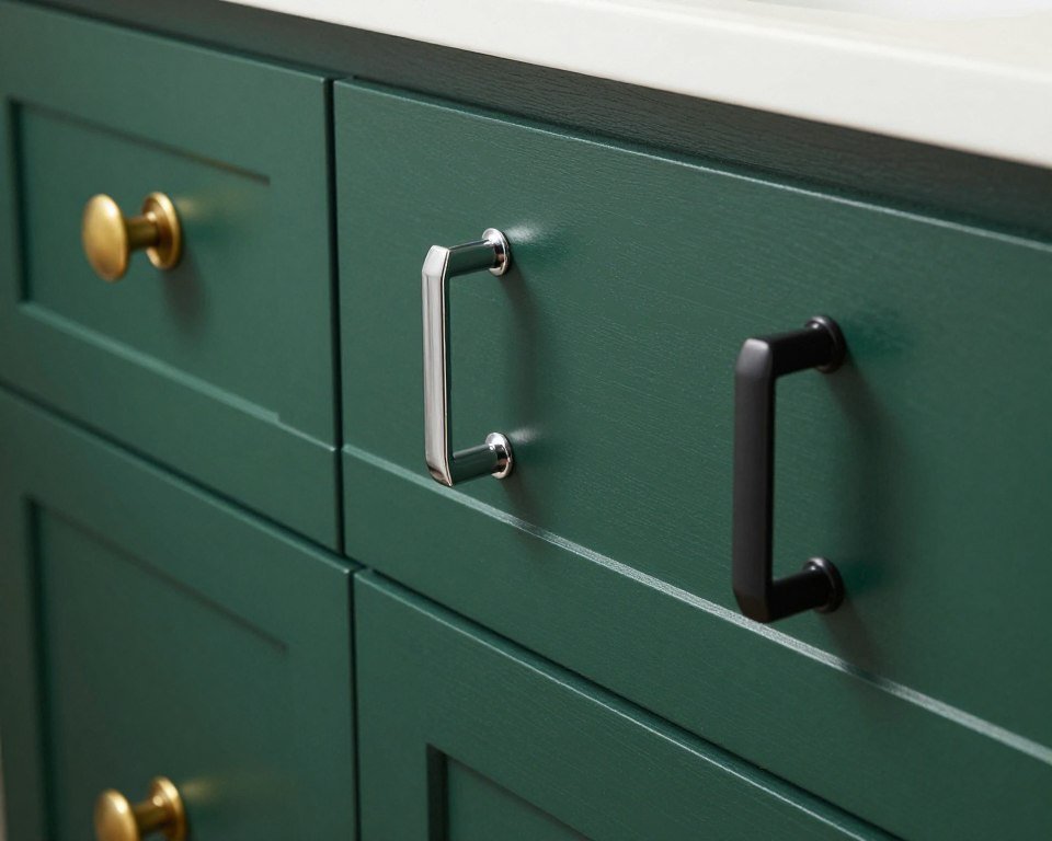 Close-up of a dark green bathroom vanity with various hardware options including brass, chrome, and matte black