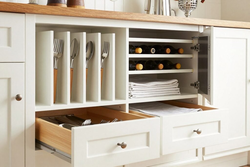 Close-up of a dining room storage wall's specialized storage features including wine racks, plate displays, and drawer organizers