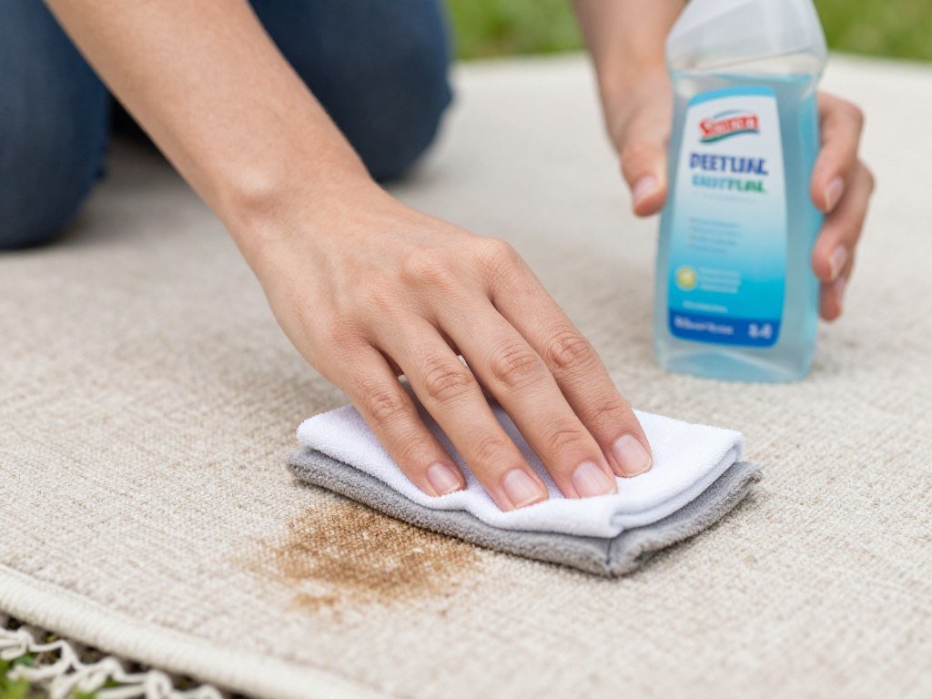 Close-up of a person treating a stain on an outdoor rug with cleaning solution