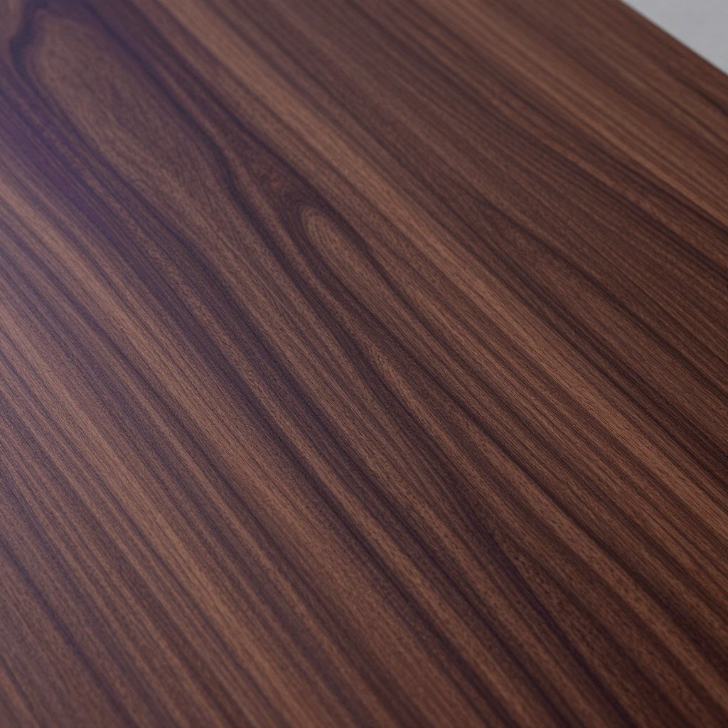 Close-up of a walnut dining room table surface showing its rich, dark grain patterns