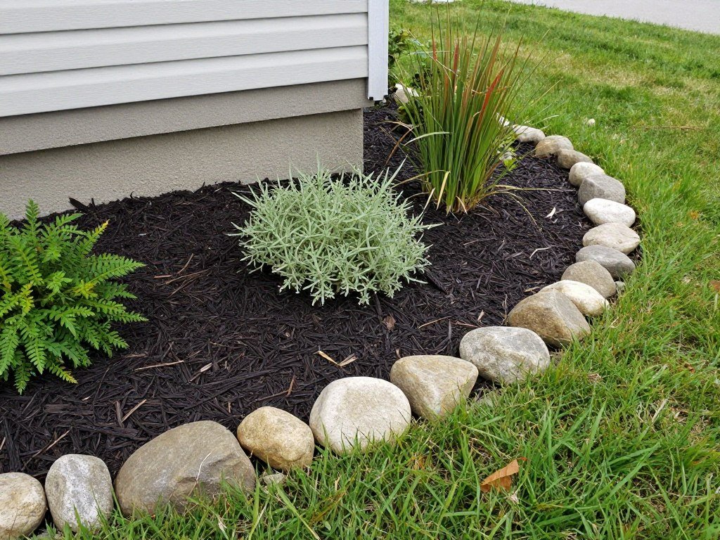 Close-up of a well-defined garden edge with decorative stones separating mulched flower beds from lawn area around a mobile home