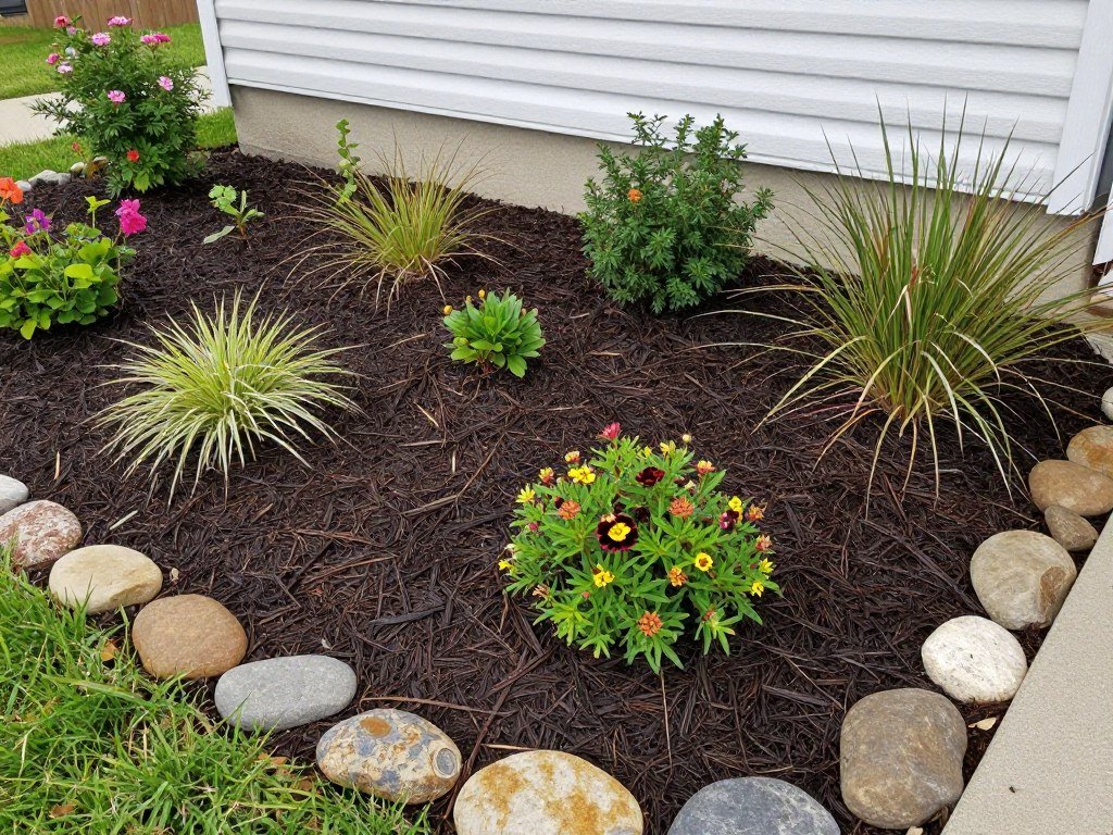 Close-up of a well-mulched garden bed with decorative stones and drought-resistant plants around a mobile home