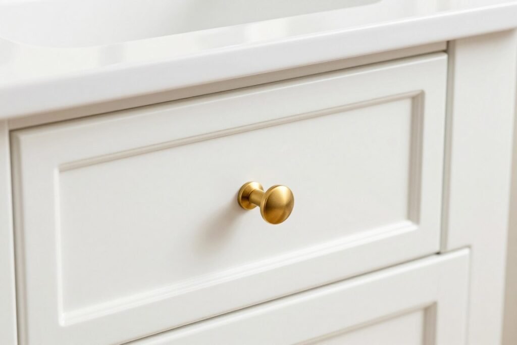 Close-up of a white vanity with gold hardware and decorative accessories