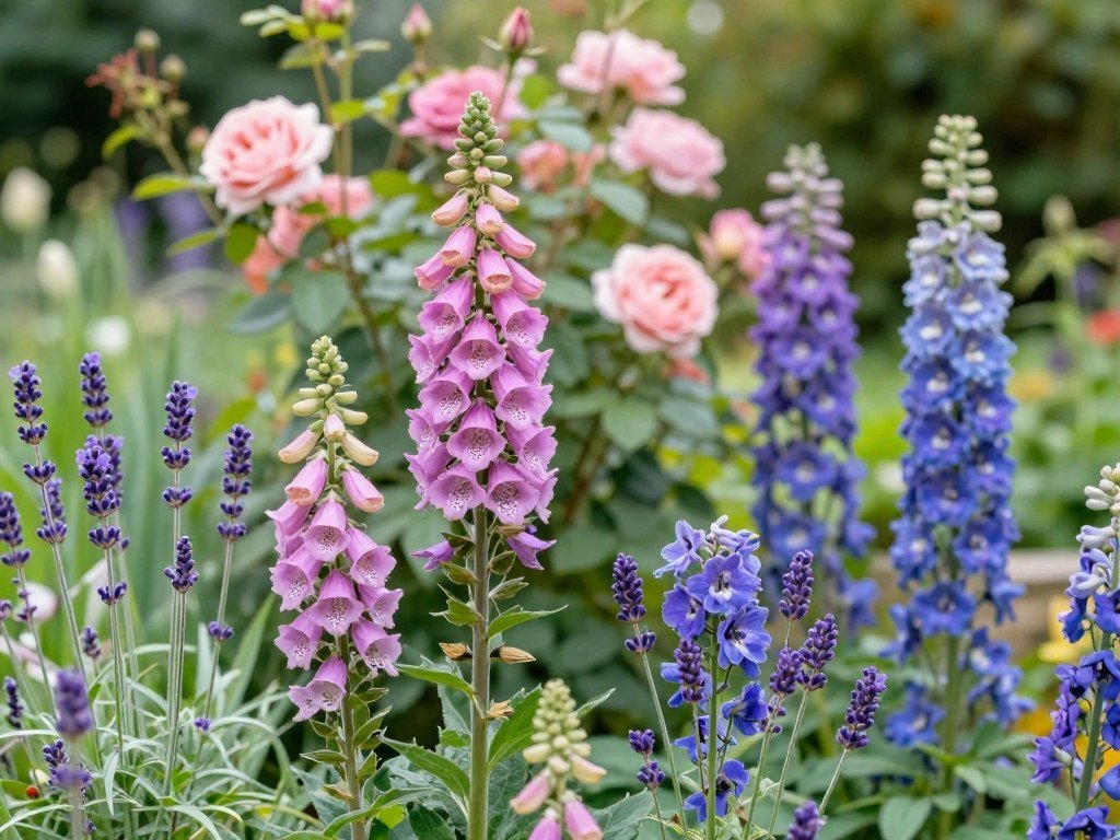 Close-up of an English cottage garden flower bed with foxgloves, roses, and lavender