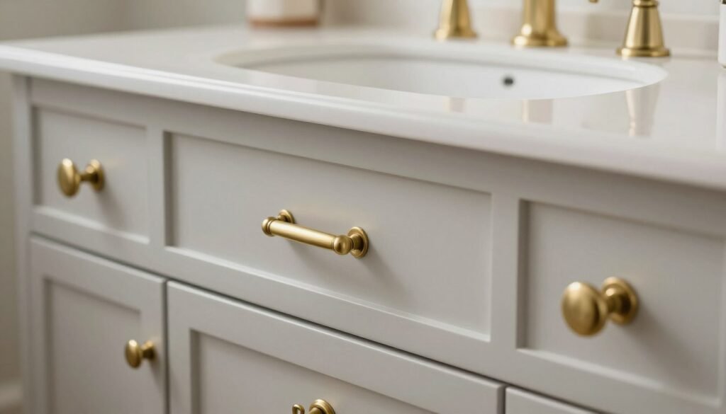 Close-up of bathroom vanity with brass hardware and coordinating faucet