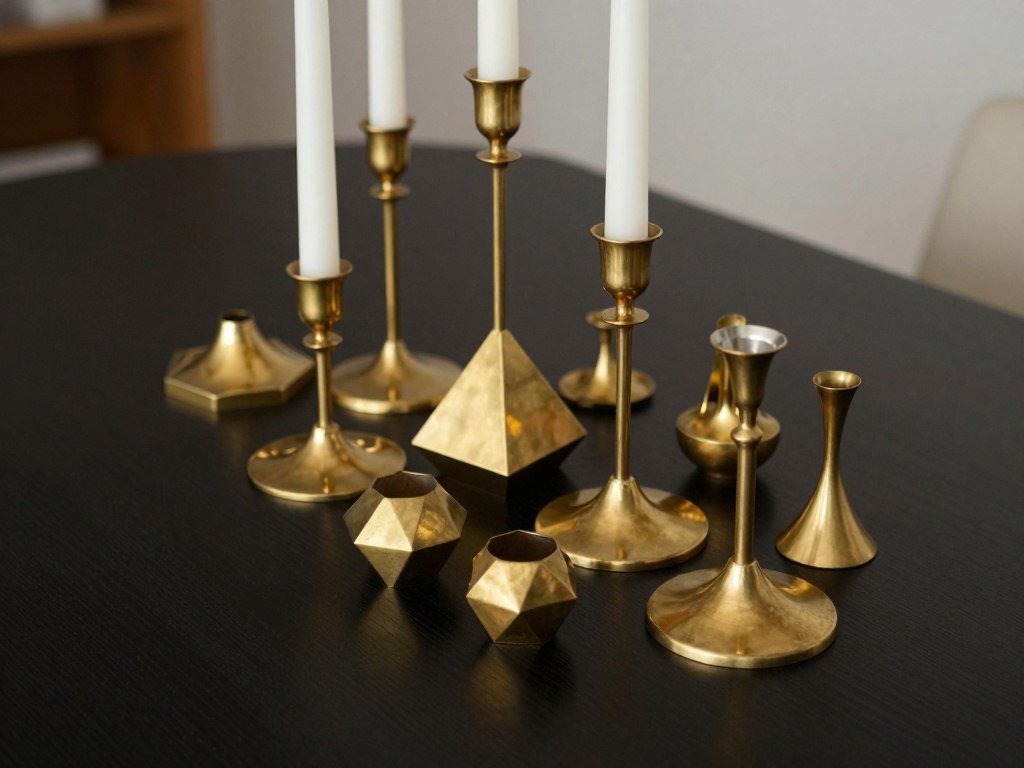 Close-up of black dining table with gold candlesticks and brass decorative objects