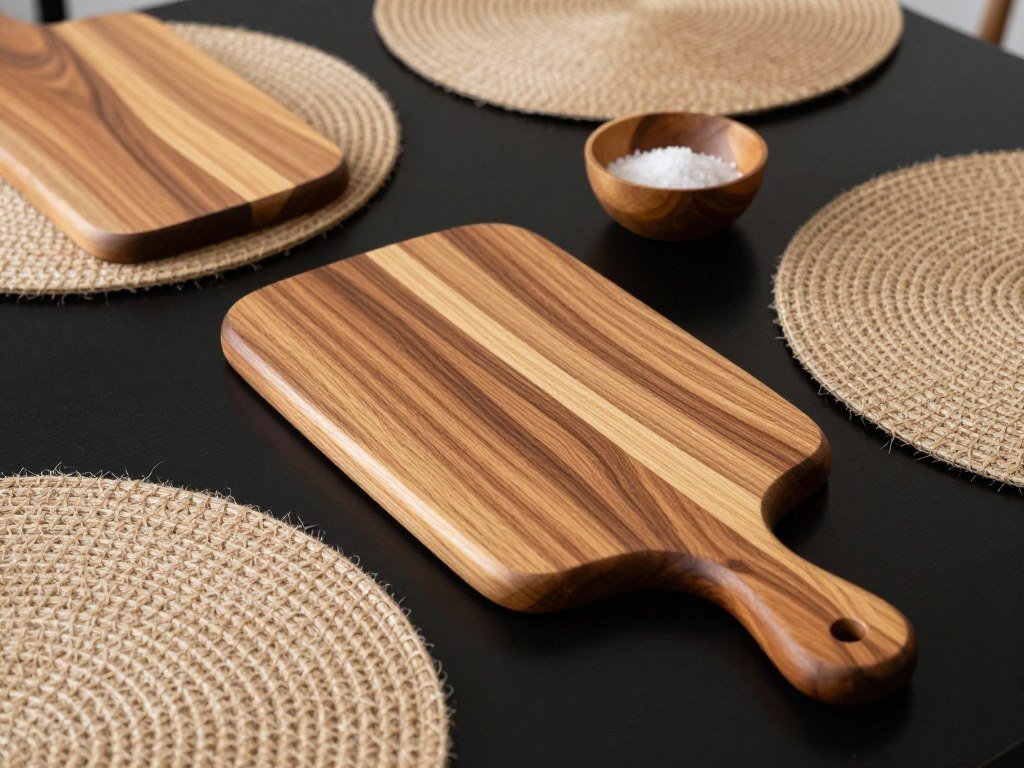 Close-up of black dining table with wooden serving boards and woven placemats