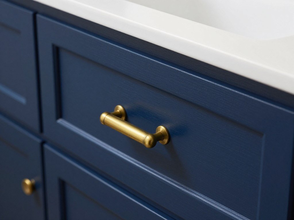 Close-up of brass hardware on a blue bathroom vanity drawer