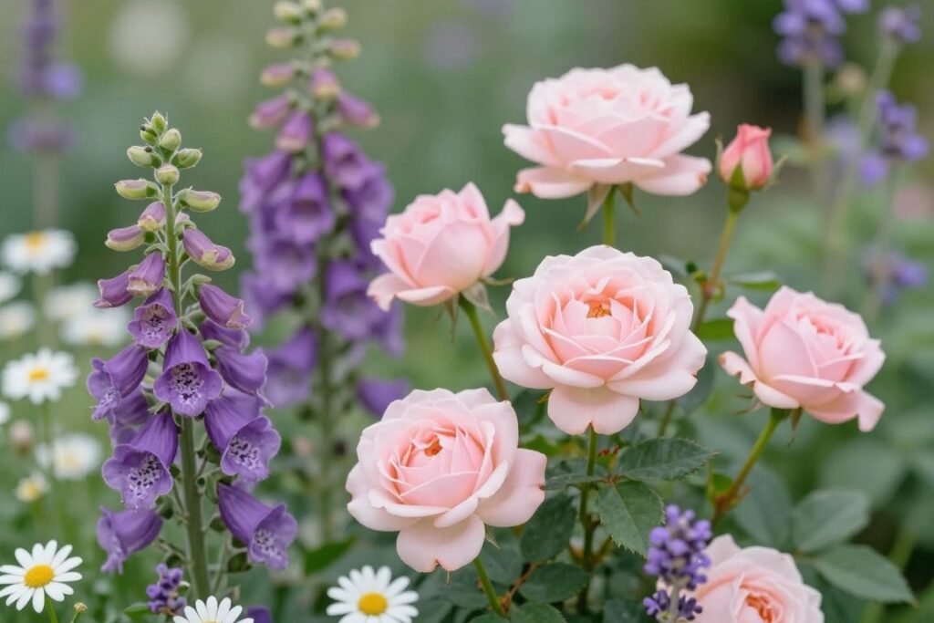 Close-up of cottage core garden flowers including roses, foxgloves, and daisies