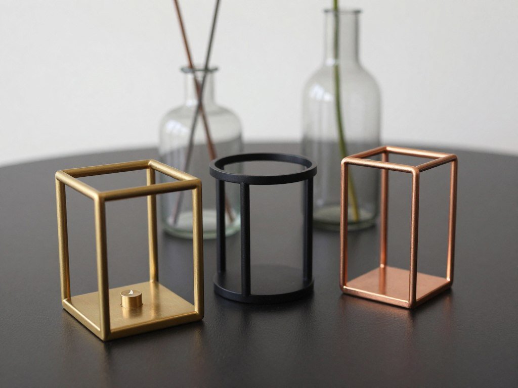 Close-up of geometric candle holders and modern vases arranged on a long dining table
