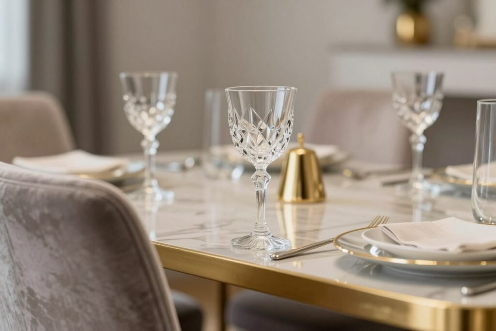 Close-up of glam dining room details showing metallic finishes, crystal elements, and plush textures