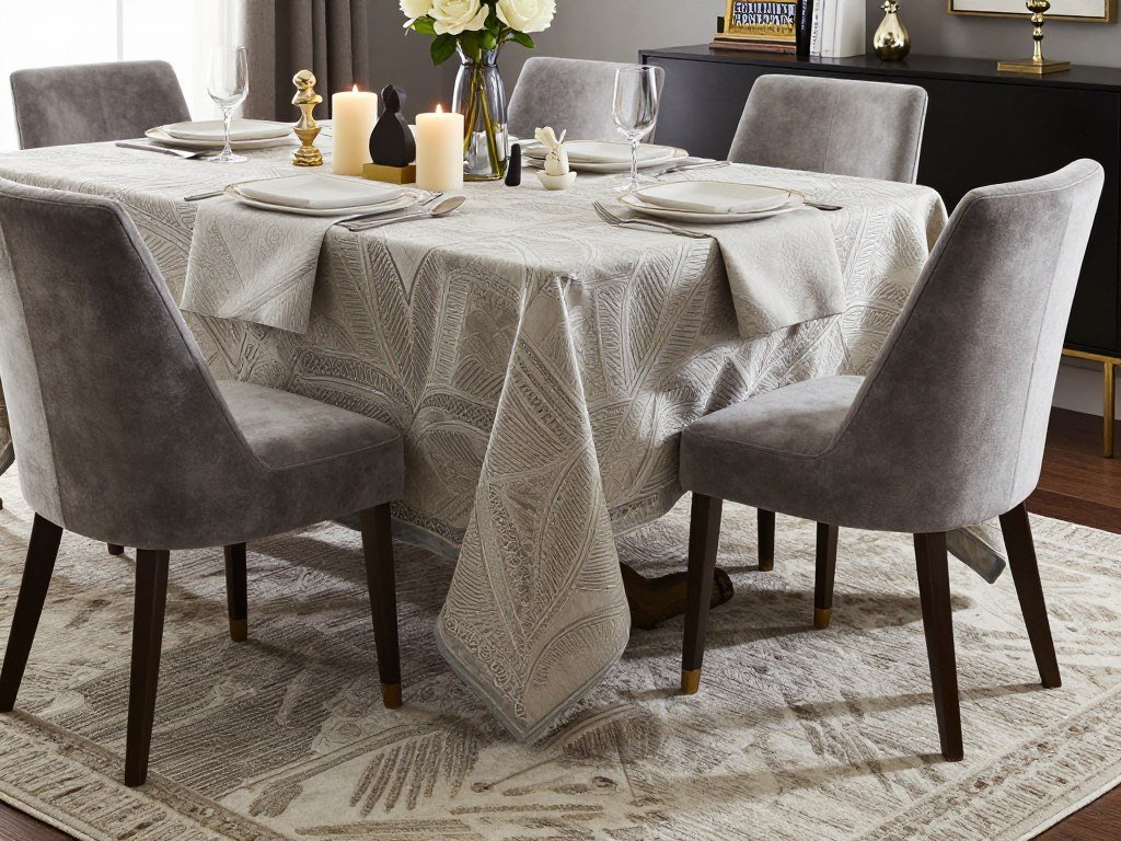 Close-up of glam dining room textiles and accessories including table settings and decorative elements
