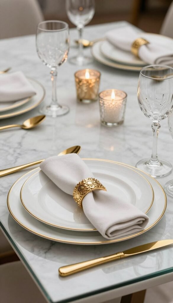 Close-up of glam table setting with gold flatware, crystal, and metallic accents