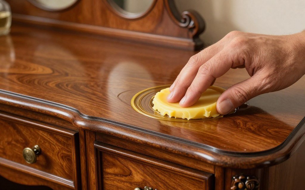 Close-up of hands carefully applying beeswax polish to restore the finish on an antique mahogany vanity