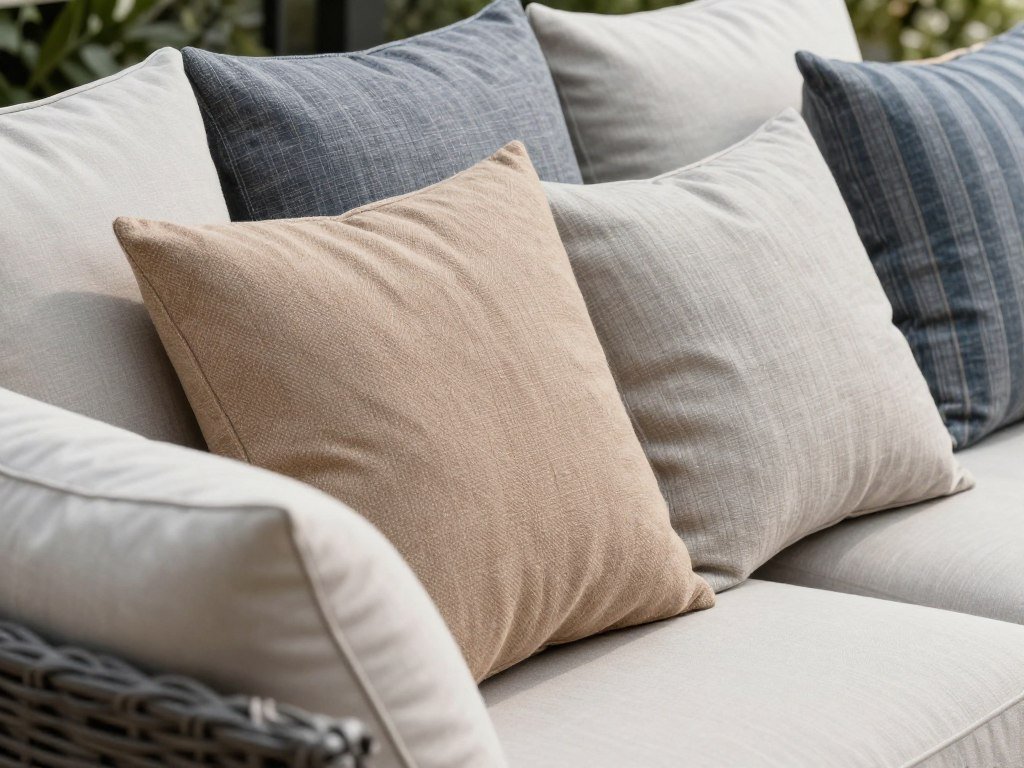 Close-up of high-quality outdoor cushions in various colors and patterns