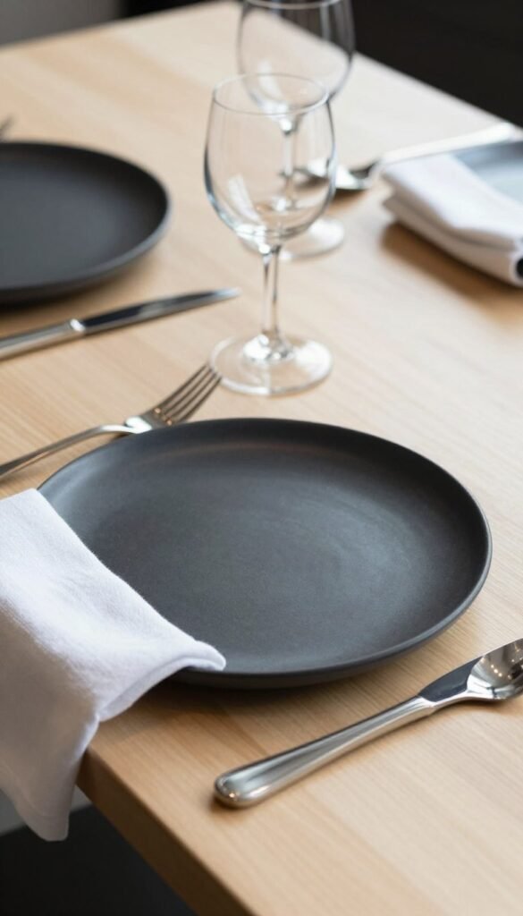 Close-up of minimalist dining table setting with matte black plates and simple linens