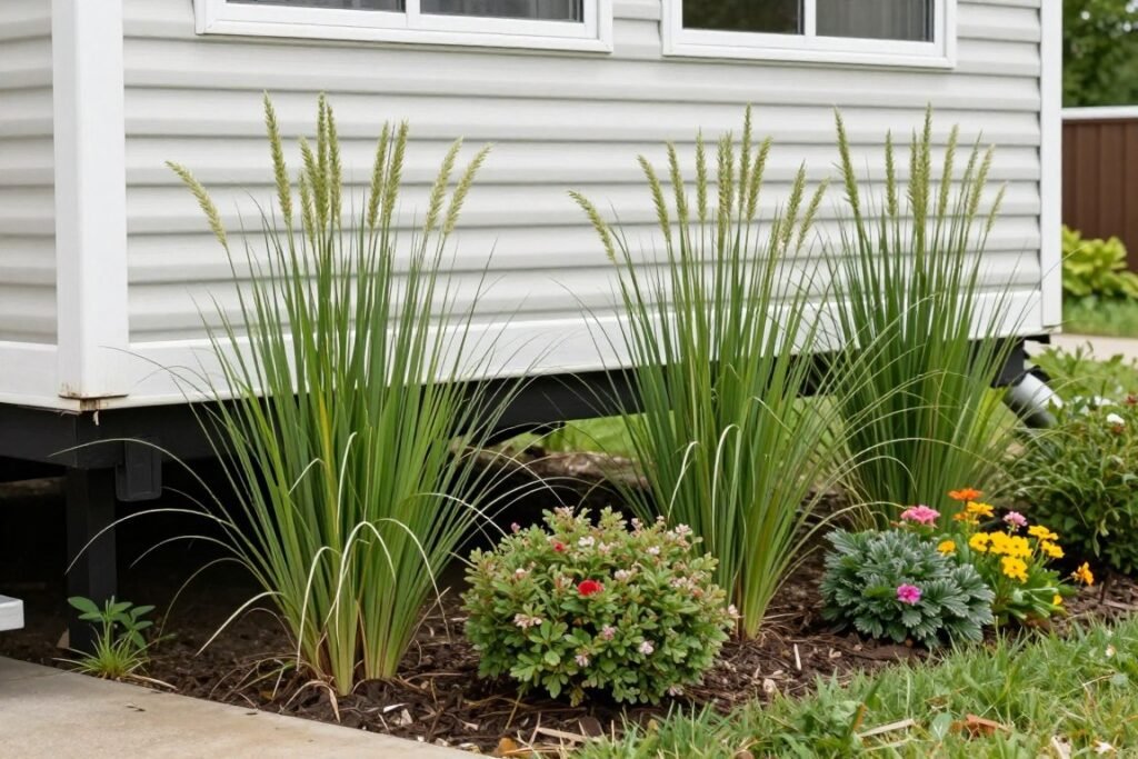 Close-up of mobile home skirting with a beautiful arrangement of ornamental grasses, small shrubs, and flowering plants creating a natural transition