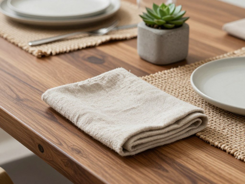 Close-up of organic modern dining room materials including wood grain, linen, and ceramic textures