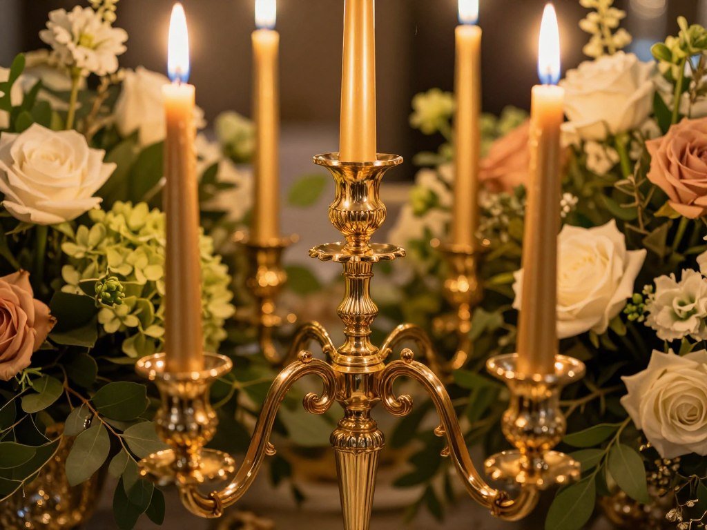 Close-up of ornate candelabra with tapered candles and surrounding floral elements