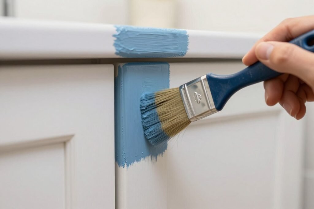 Close-up of person painting detailed areas of a bathroom vanity with an angled brush