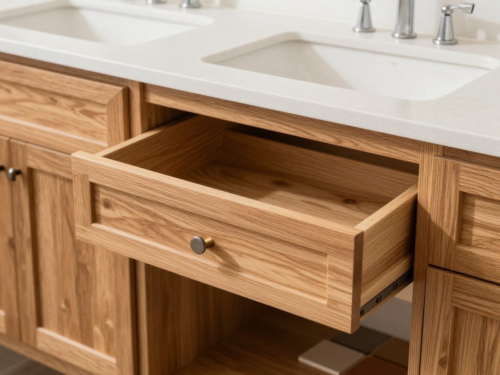 Close-up of quality materials used in double vanity with center tower construction