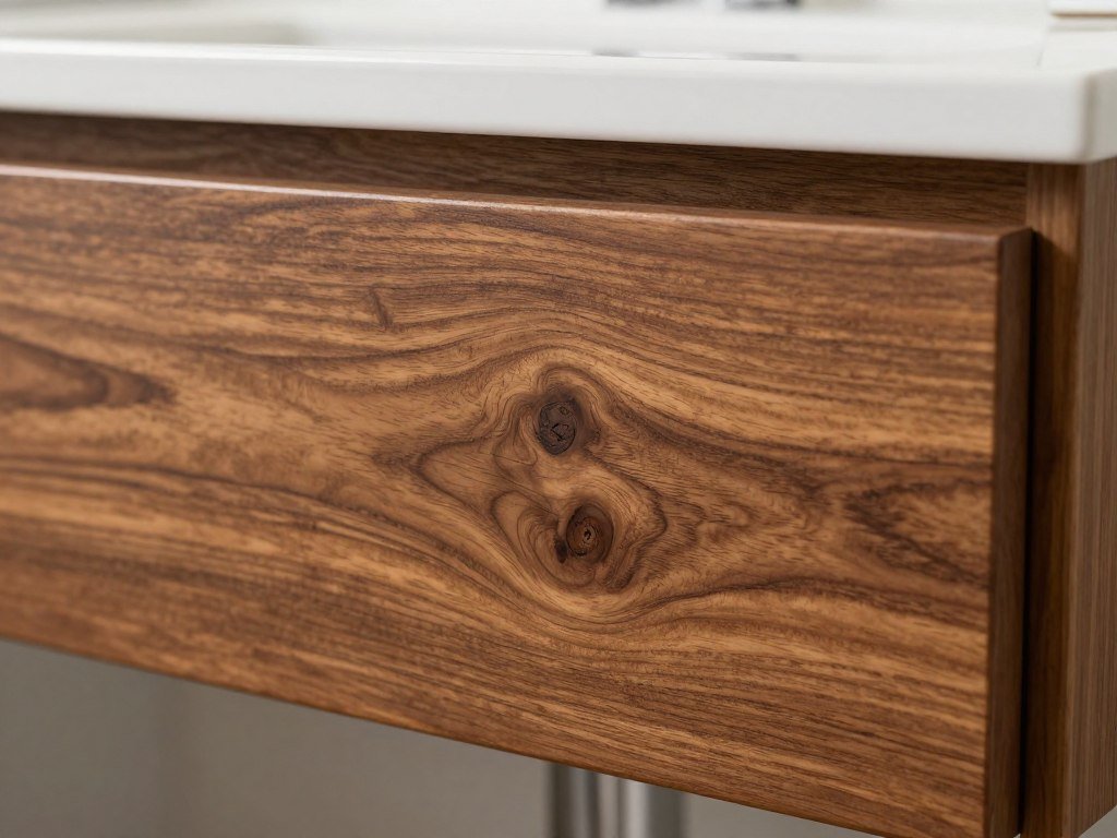 Close-up of rich wood grain on a bathroom vanity drawer front showing natural patterns and texture