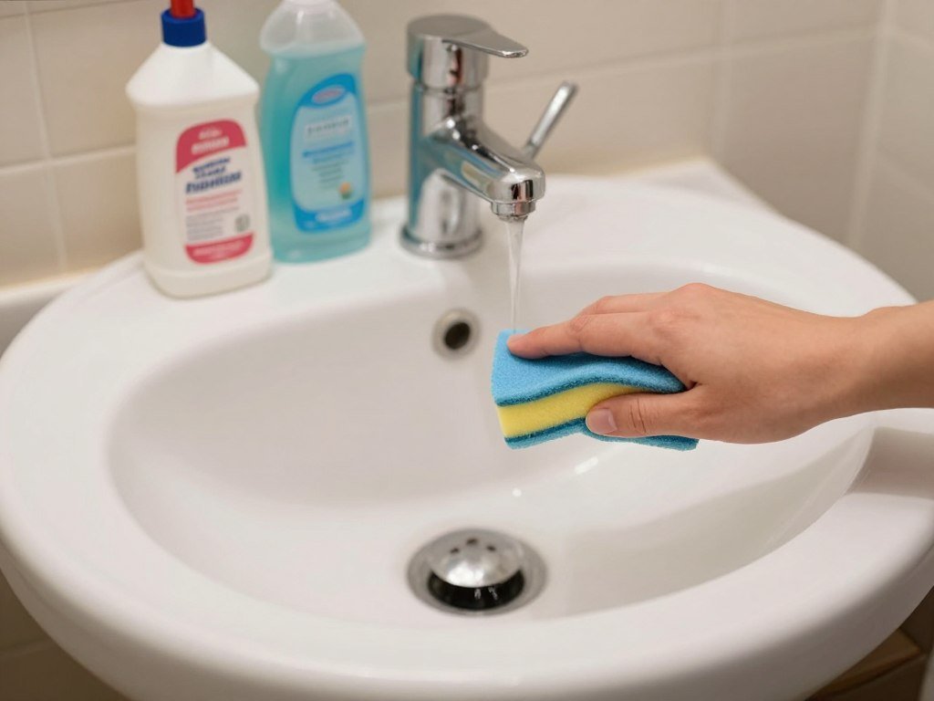 Close-up of sink and faucet cleaning on a small bathroom vanity