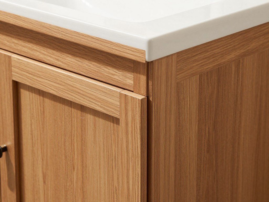 Close-up of solid wood bathroom vanity cabinet showing grain detail and quality construction