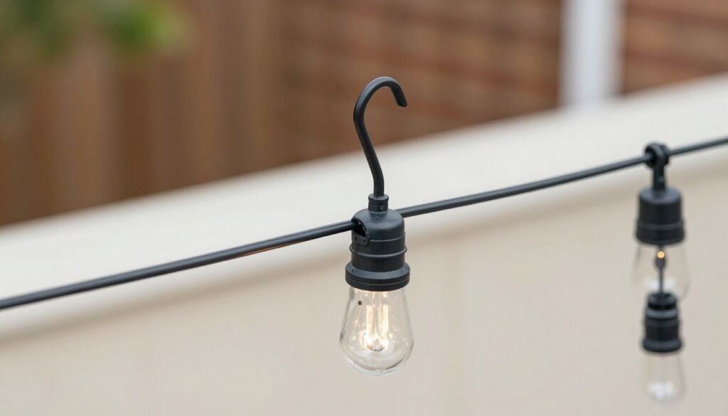 Close-up of string light installation hardware and techniques on a patio