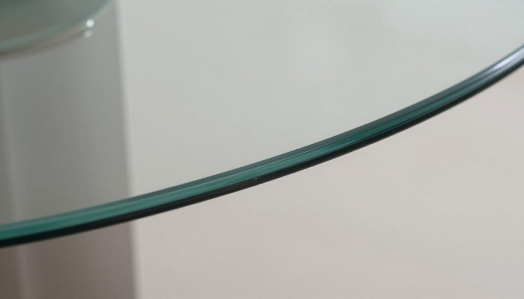 Close-up of tempered glass dining table edge showing thickness and clarity