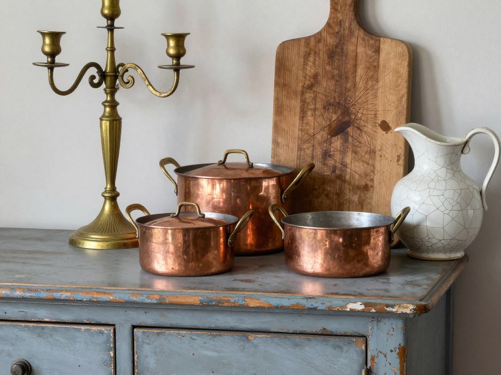 Close-up of weathered finishes in a French country dining room including distressed furniture and aged metal accents
