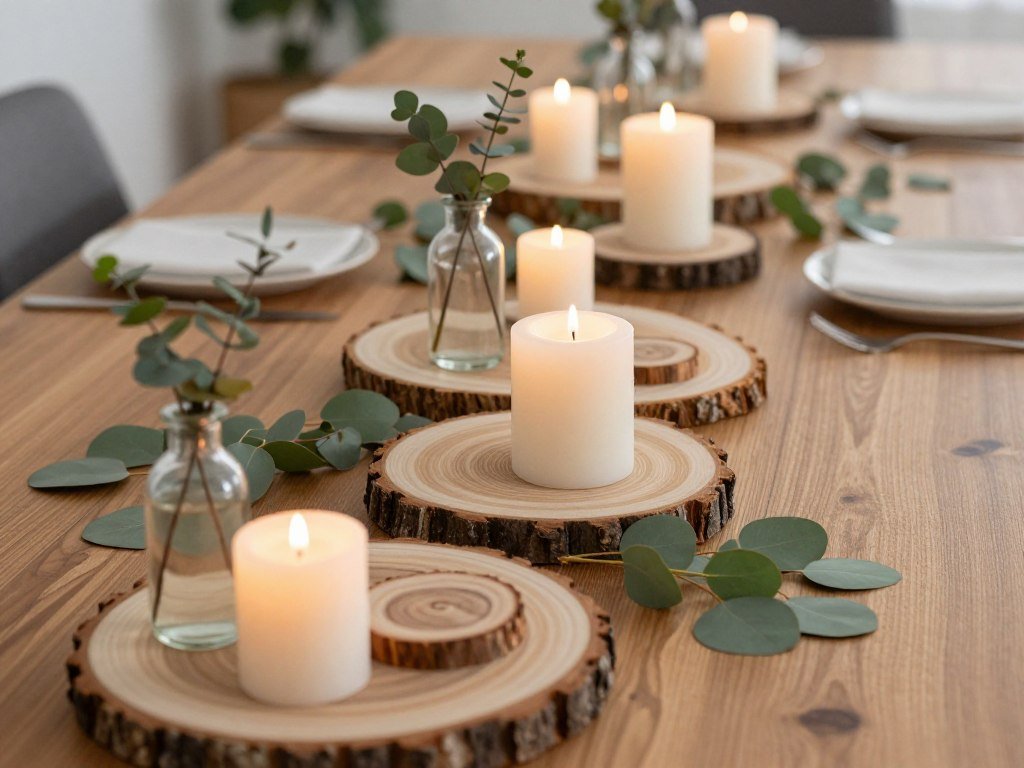 Close-up of wood slice arrangement with candles and greenery