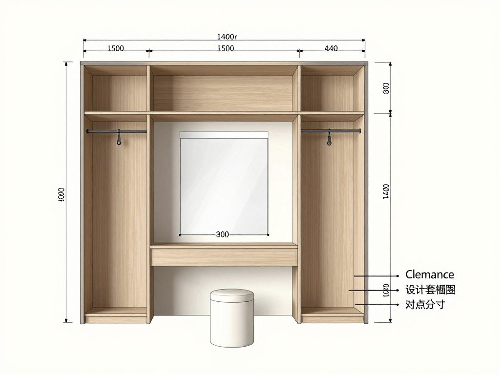 Closet vanity planning diagram showing measurements and layout options