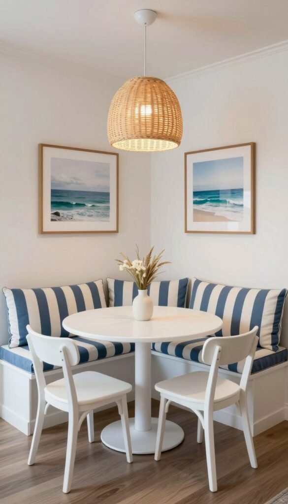 Coastal dining nook with built-in bench, striped cushions, and ocean-inspired art