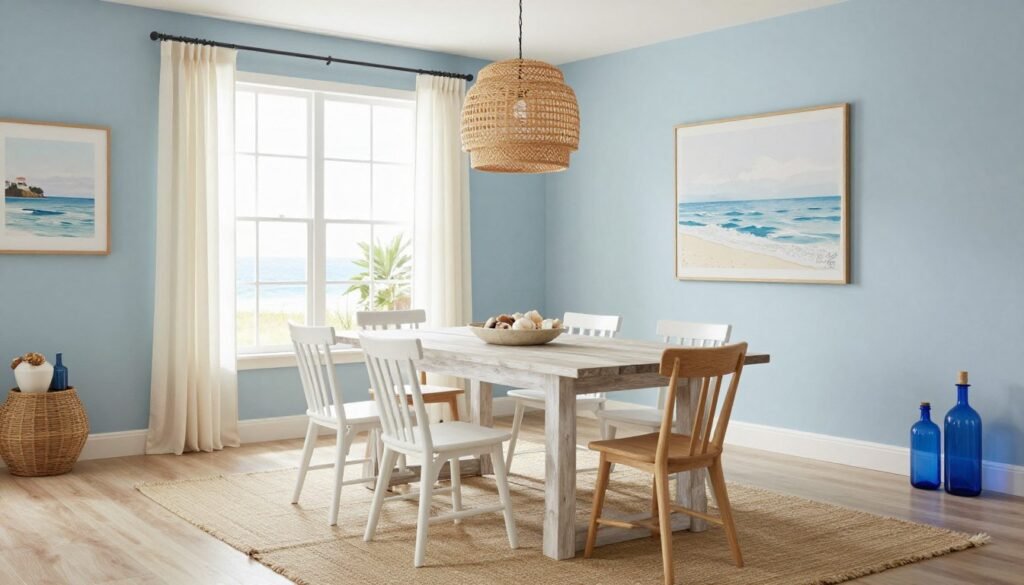 Coastal dining room with light blue walls, white furniture, and natural textures