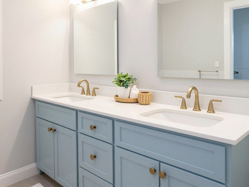 Coastal double vanity bathroom with light blue cabinetry and beachy elements