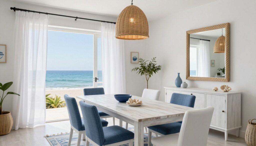 Coastal-inspired dining room with light blue and white color scheme, natural textures, and ocean-inspired accents