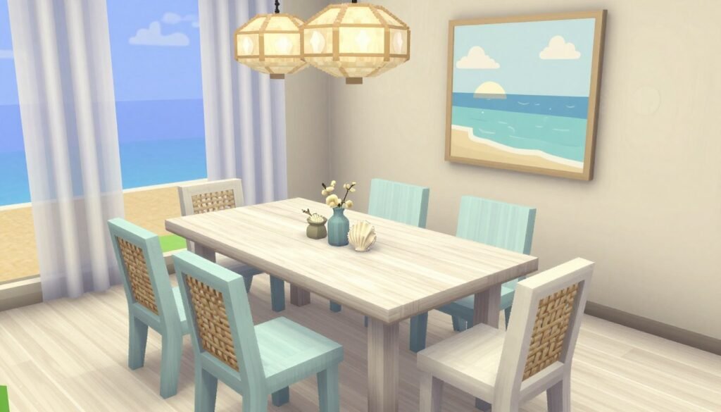 Coastal style Bloxburg dining room with blue accents and beach-inspired decor