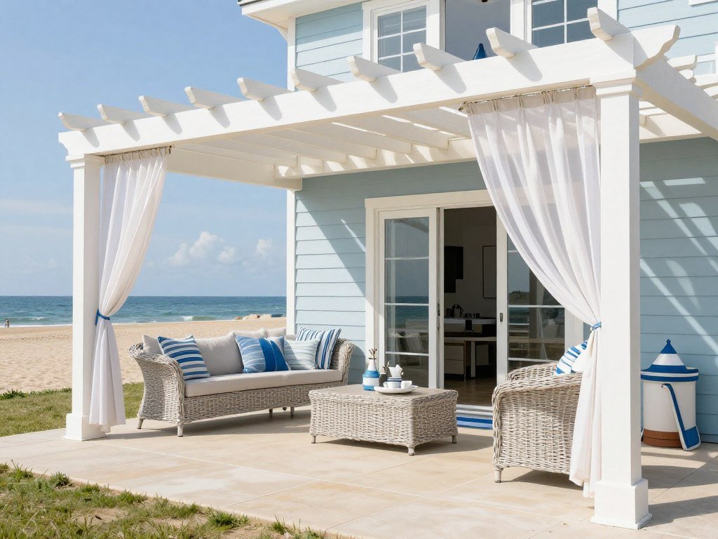 Coastal style covered patio with light colors and wicker furniture