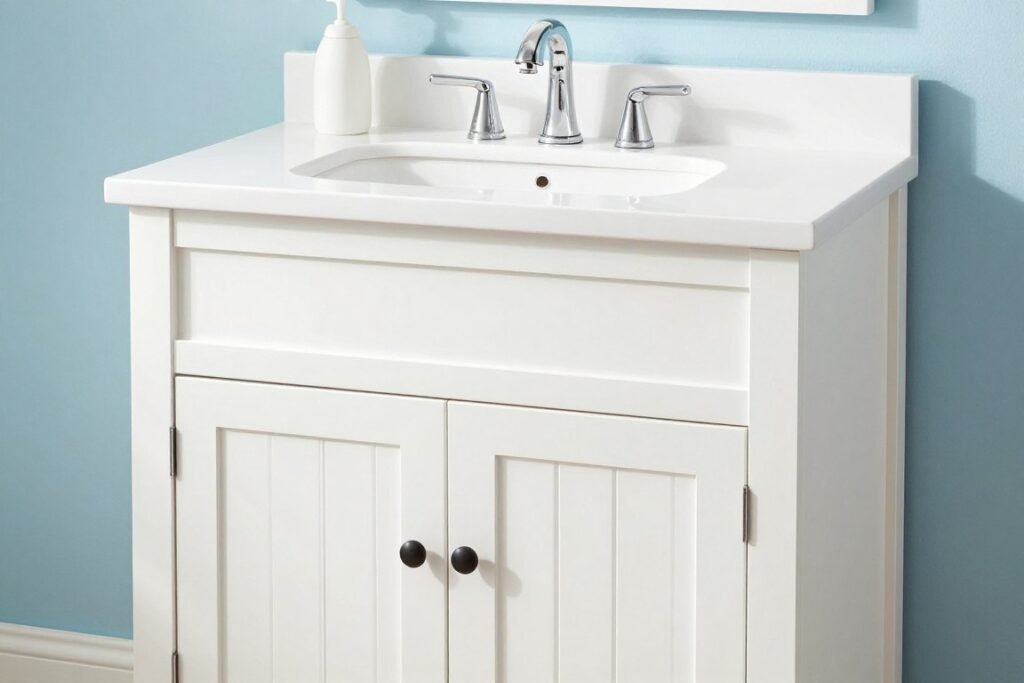 Coastal style white vanity with beadboard details and light blue accents