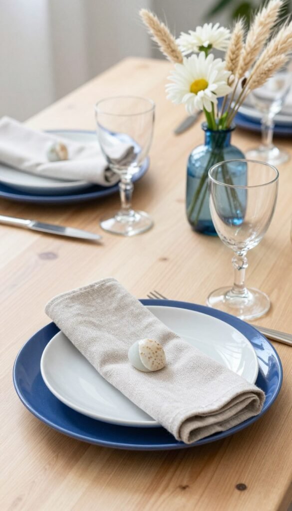 Coastal table setting with blue and white dishes, sea glass, and natural linens
