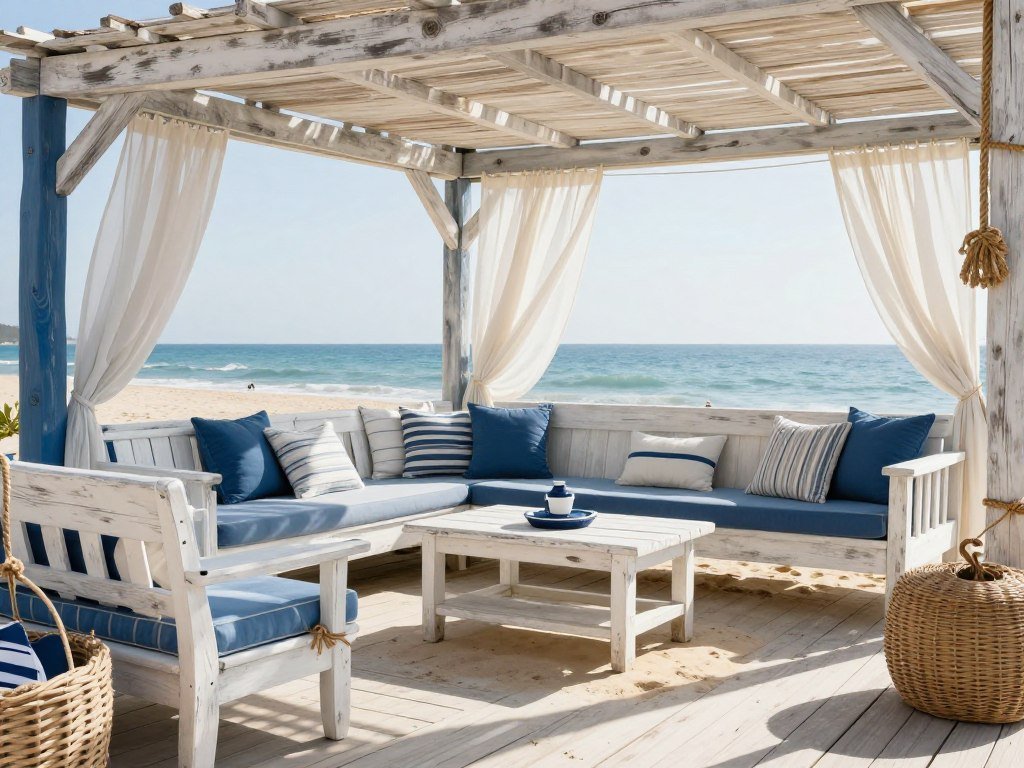 Coastal-themed under deck patio with blue and white color scheme, weathered wood furniture, and nautical accents creating a beachy retreat