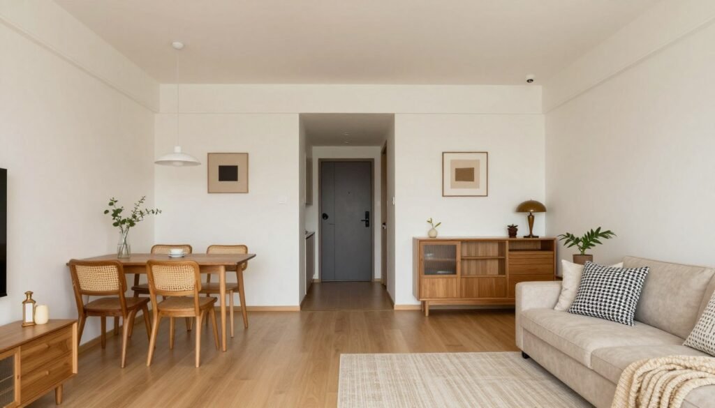 Cohesive color scheme in a small living room with dining area