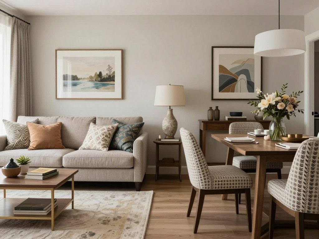 Cohesive textile patterns in a small living room with dining area