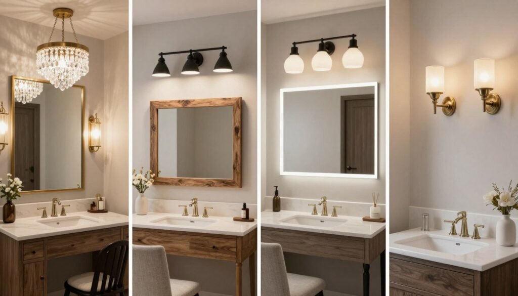 Collage of different vanity lighting styles from traditional to modern