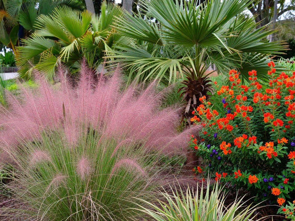Collection of Florida native plants including Muhly grass, Coontie, and Firebush in a garden setting