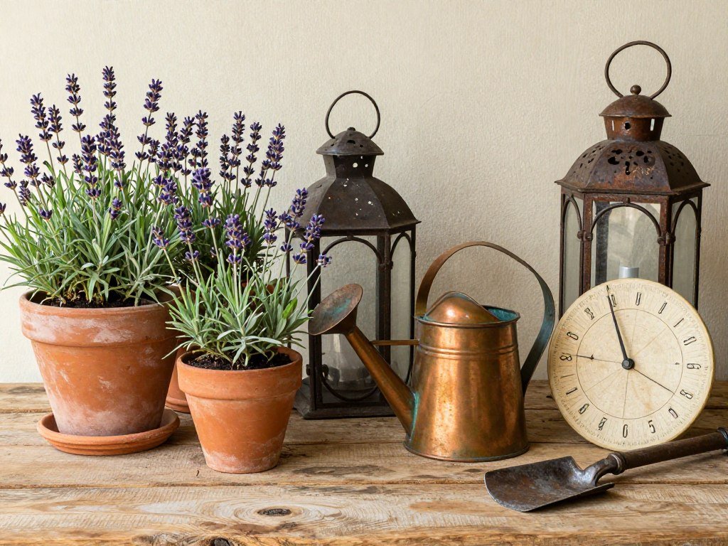 Collection of French country garden accents including terracotta pots, lanterns, and vintage watering cans